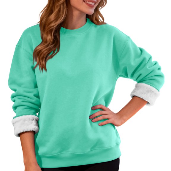 Women's Casual Fashion Round Neck Pullover Top Winter Solid Color Plush Sweatshirt, Ideal for Home Wear and Fall Season, Soft and Comfortable,Cyan,S