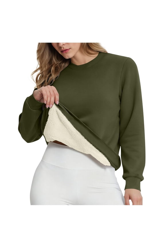 Women's Casual Fashion Round Neck Pullover Top Winter Solid Color Plush Sweatshirt, Soft and Warm Fleece-Lined Sweater for Cold Weather,Army Green,L