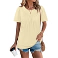 thumbnail image 1 of Women's Casual Fashion Round Neck Solid Color Pleated Short Sleeve T-Shirt Top, Trendy Blouse with Accordion Pleats for Street Style and Daily Wear,Beige,2XL, 1 of 6