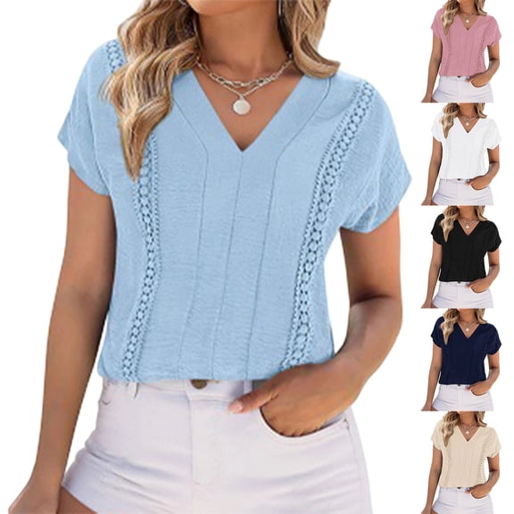 Women's Casual Fashion Ruched V-Neck Hollow Out Lace Trim T-Shirt Top 2026 White M