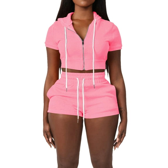 Women's Casual Fashion Short Sleeve Zipper Sweatshirt Suits Soft Solid Color Sweatshirts Tops And Shorts Two Piece Suits