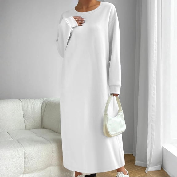 Women's Casual Fashion Solid Color Long Sleeve Round Neck Dress - White XXXXXL