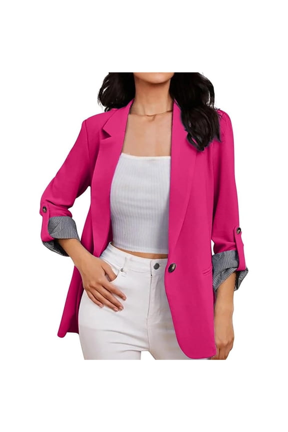 Women's Casual Fashion Solid Color Patchwork Lapel Long Sleeve Cardigan Coat - Fuchsia S