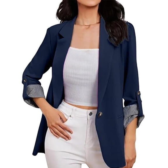Women's Casual Fashion Solid Color Patchwork Lapel Long Sleeve Cardigan Coat - Navy Blue XL