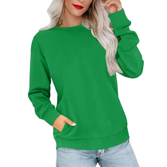 Women's Casual Fashion Solid Color Round Neck Long Sleeve Lightweight Pullover Sweatshirt with Side Pockets for Warm Comfort and Everyday Wear,Green,2XL
