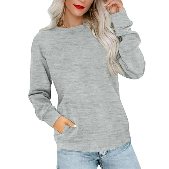 Women's Casual Fashion Solid Color Round Neck Long Sleeve Lightweight Pullover Sweatshirt with Side Pockets for Warm Comfort and Everyday Wear,Light Gray,S