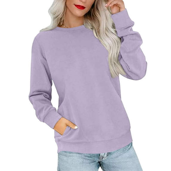 Women's Casual Fashion Solid Color Round Neck Long Sleeve Lightweight Pullover Sweatshirt with Side Pockets for Warm Comfort and Everyday Wear,Light Purple,M