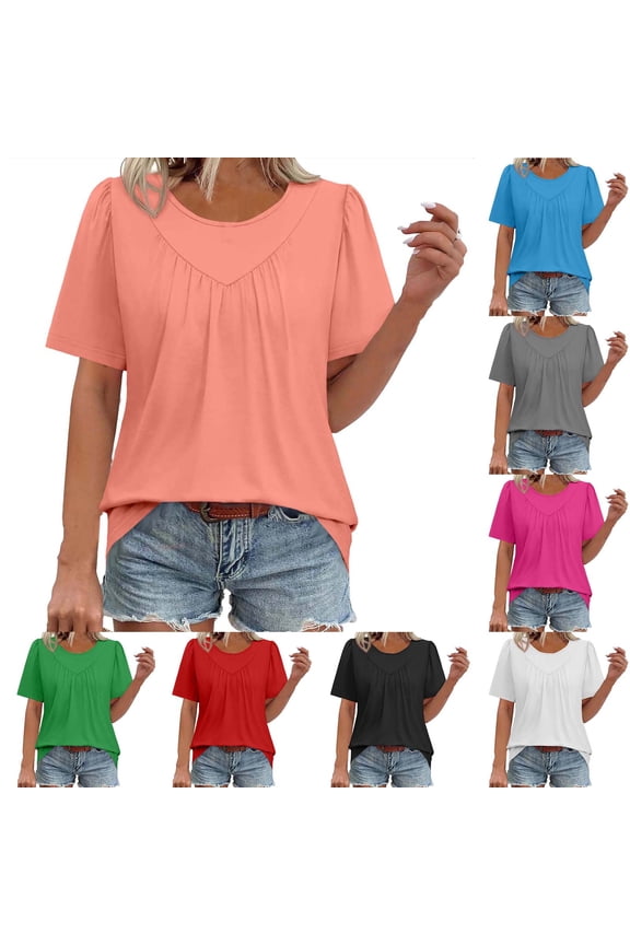 Women's Casual Fashion Solid Color Round Neck Puff Sleeve Short Sleeve Shirt Blouse Top Loose Fit Breathable Lightweight Summer Vacation | CSEONE,Black XL