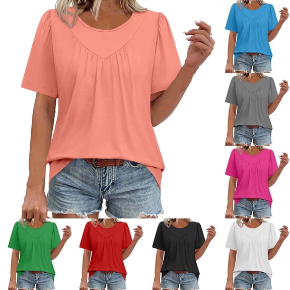 Women's Casual Fashion Solid Color Round Neck Puff Sleeve Short Sleeve Shirt Blouse Top Loose Fit Breathable Summer Tops Gift for Women | CSEONE,Black XL