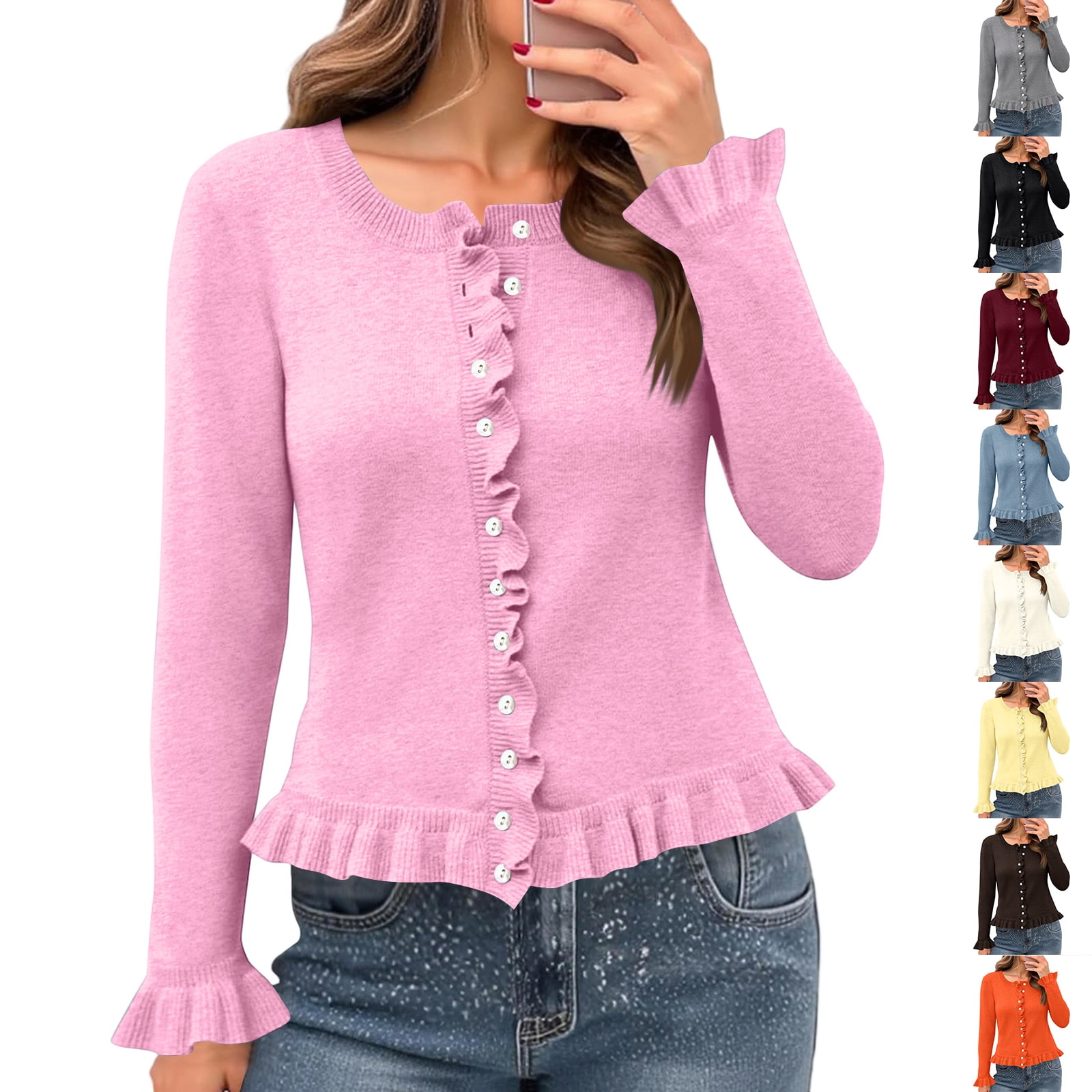 Sweaters With Ruffle Bottom Women's Casual Fashion Solid Color Short Sweater Ruffled Top for Fall ...
