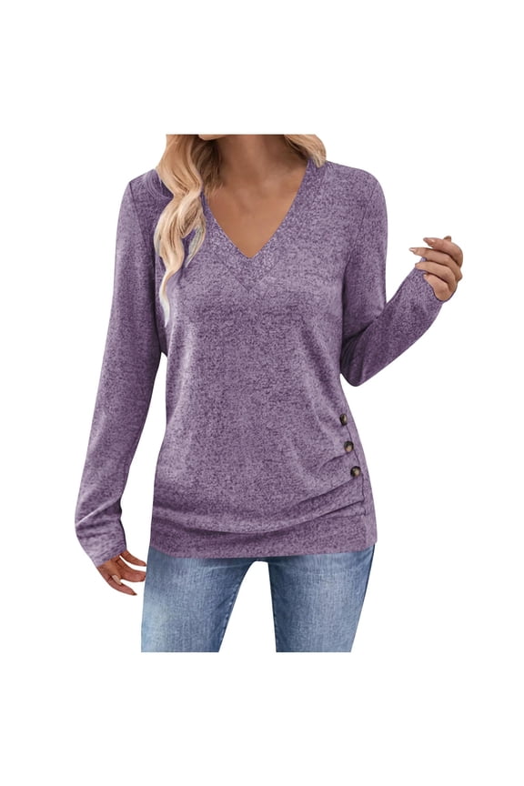 Women's Casual Fashion Solid Color V Neck Long Sleeve Blouse Shirt Top Loose Fit Warm Thermal Fall Winter Holiday Gift | CSEONE,Purple L