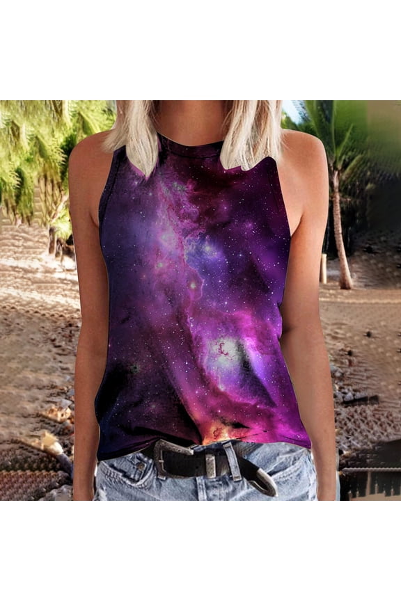 Women's Casual Fashion Starry Sky Theme Pattern Summer Sleeveless Vest Nylon Tops Women Lace Tops Fitted Shirt Girls 42b Camisole Back Top Cropped Top Women Spaghetti Top Women Running Tops for Women