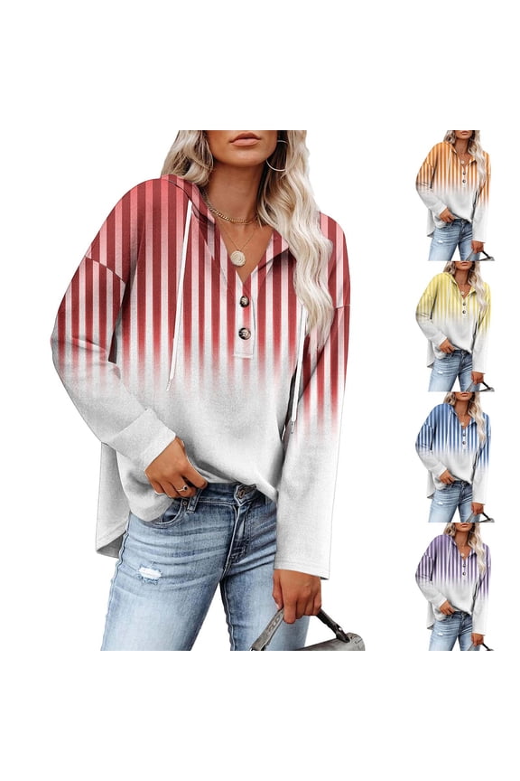 Women's Casual Fashion Stripe Color Long Sleeve Hooded Button Down Drawstring Shirt Blouse Top Loose Fit Breathable for Daily Wear | CSEONE,Purple XL