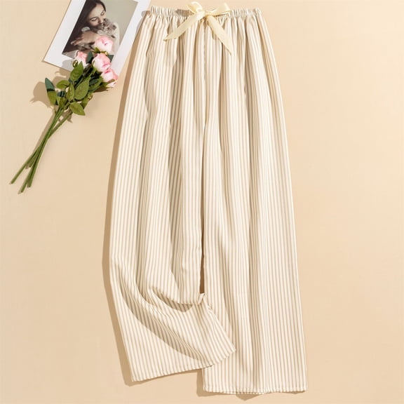 Women's Casual Fashion Striped High-Waisted Sleep Pants Loungewear Wearable As Outerwear, Coffee Brown