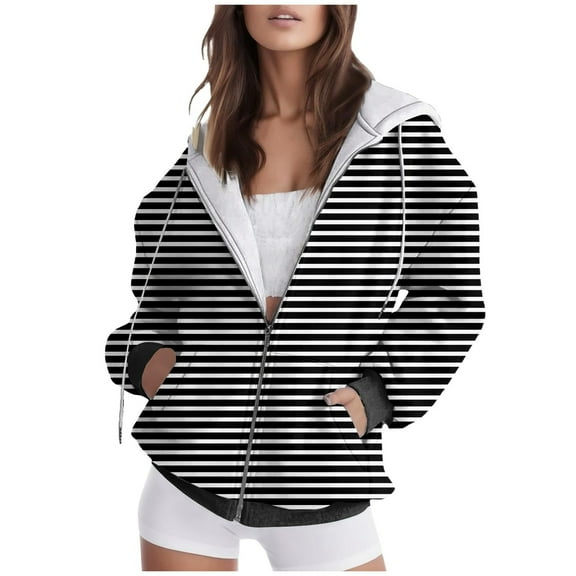 Women's Casual Fashion Style Autumn/Winter Striped Print Zipper Pocket Top Hoodie