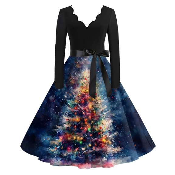 Women's Casual Fashion V Neck Long Sleeve Christmas Printed Party Vintage Dress for Holiday Events and Retro Style, Perfect for Women's Evening Wear,Dark Blue,S