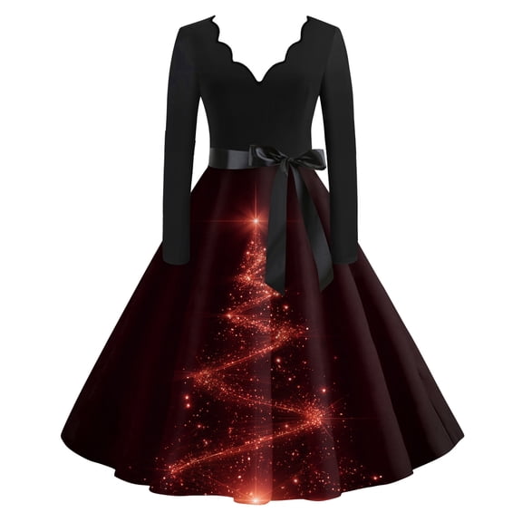 Women's Casual Fashion V Neck Long Sleeve Christmas Printed Party Vintage Dress for Holiday Events and Retro Style, Perfect for Women's Evening Wear,Deep Red,S