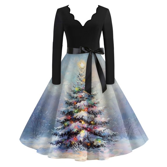 Women's Casual Fashion V Neck Long Sleeve Christmas Printed Party Vintage Dress for Holiday Events and Retro Style, Perfect for Women's Evening Wear,Light Blue,2XL