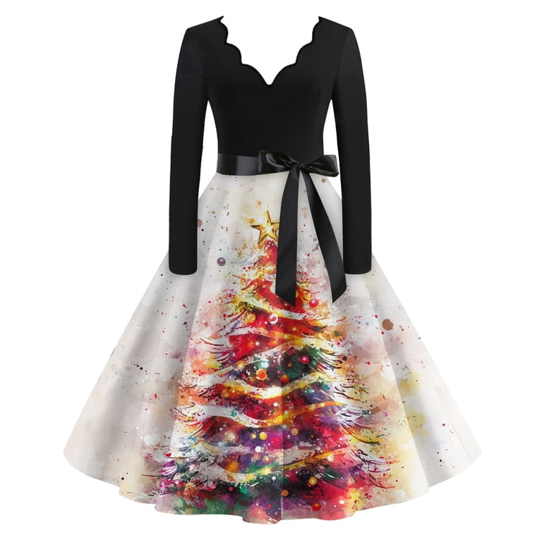 strapless open back dress Retrolicious Christmas Tree Cat Cotton Greta Swing Dress – Unique Vintage main image 1