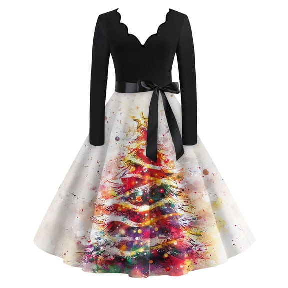 Women's Casual Fashion V Neck Long Sleeve Christmas Printed Party Vintage Dress for Holiday Events and Retro Style, Perfect for Women's Evening Wear,Multicolor,S