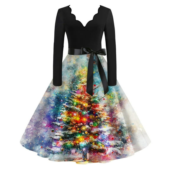 Women's Casual Fashion V Neck Long Sleeve Christmas Printed Party Vintage Dress for Holiday Events and Retro Style, Perfect for Women's Evening Wear,Multicolor,S