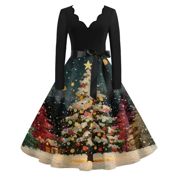 Women's Casual Fashion V Neck Long Sleeve Christmas Printed Party Vintage Dress for Holiday Events and Retro Style, Perfect for Women's Evening Wear,Multicolor,S