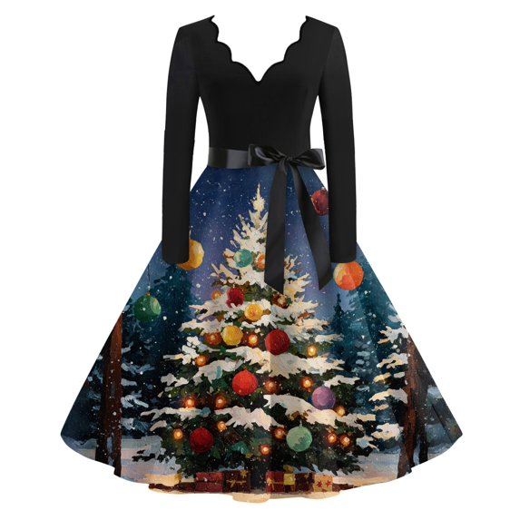 Women's Casual Fashion V Neck Long Sleeve Christmas Printed Party Vintage Dress for Holiday Events and Retro Style, Perfect for Women's Evening Wear,Navy,S