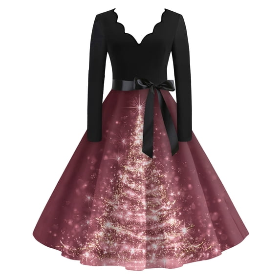 Women's Casual Fashion V Neck Long Sleeve Christmas Printed Party Vintage Dress for Holiday Events and Retro Style, Perfect for Women's Evening Wear,Pink,3XL