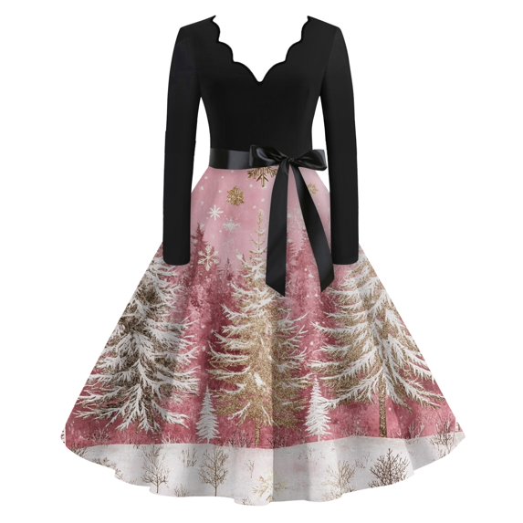 Women's Casual Fashion V Neck Long Sleeve Christmas Printed Party Vintage Dress for Holiday Events and Retro Style, Perfect for Women's Evening Wear,Pink,5XL