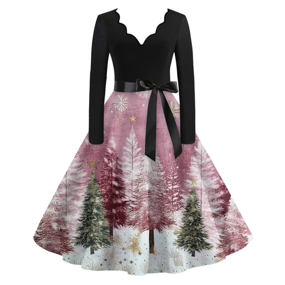 Women's Casual Fashion V Neck Long Sleeve Christmas Printed Party Vintage Dress for Holiday Events and Retro Style, Perfect for Women's Evening Wear,Pink,XL