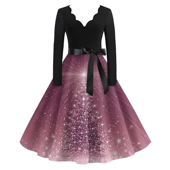 Women's Casual Fashion V Neck Long Sleeve Christmas Printed Party Vintage Dress for Holiday Events and Retro Style, Perfect for Women's Evening Wear,Purple,S