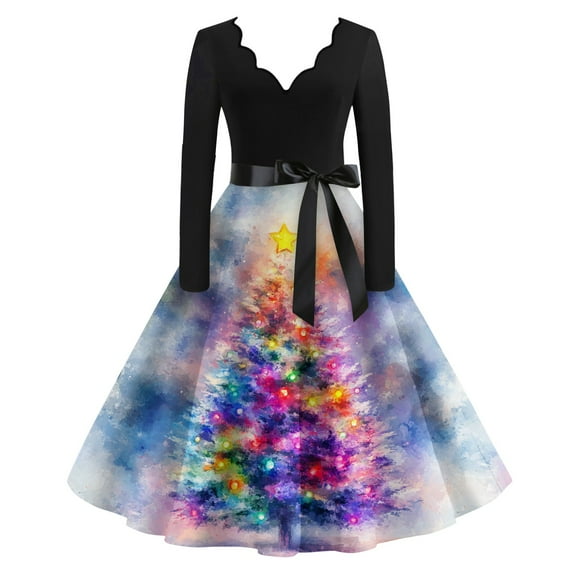 Women's Casual Fashion V Neck Long Sleeve Christmas Printed Party Vintage Dress for Holiday Events and Retro Style, Perfect for Women's Evening Wear,Purple,S