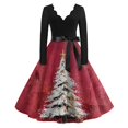thumbnail image 1 of Women's Casual Fashion V Neck Long Sleeve Christmas Printed Party Vintage Dress for Holiday Events and Retro Style, Perfect for Women's Evening Wear,Red,M, 1 of 6