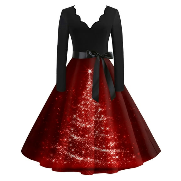 Women's Casual Fashion V Neck Long Sleeve Christmas Printed Party Vintage Dress for Holiday Events and Retro Style, Perfect for Women's Evening Wear,Red,S