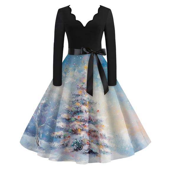 Women's Casual Fashion V Neck Long Sleeve Christmas Printed Party Vintage Dress for Holiday Events and Retro Style, Perfect for Women's Evening Wear,Sky Blue,5XL