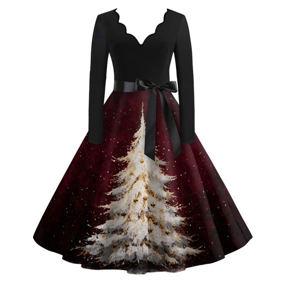 Women's Casual Fashion V Neck Long Sleeve Christmas Printed Party Vintage Dress for Holiday Events and Retro Style, Perfect for Women's Evening Wear,Wine,3XL