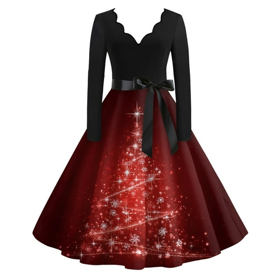 Women's Casual Fashion V Neck Long Sleeve Christmas Printed Party Vintage Dress for Holiday Events and Retro Style, Perfect for Women's Evening Wear,Wine,S