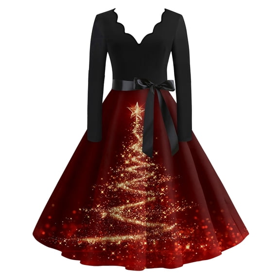 Women's Casual Fashion V Neck Long Sleeve Christmas Printed Party Vintage Dress for Holiday Events and Retro Style, Perfect for Women's Evening Wear,Wine,S