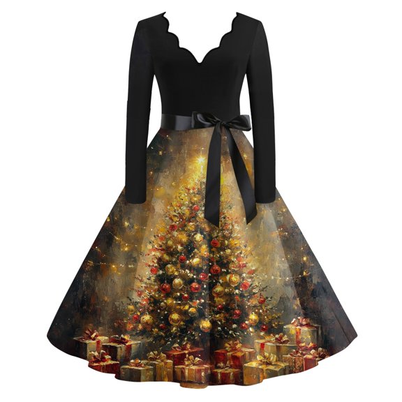 Women's Casual Fashion V Neck Long Sleeve Christmas Printed Party Vintage Dress for Holiday Events and Retro Style, Perfect for Women's Evening Wear,Yellow,S