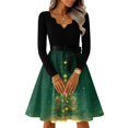 thumbnail image 1 of Women's Casual Fashion V-Neck Long Sleeved Retro Christmas Print Retro Dress, Holiday Print, Audrey Style, Party Wear, Casual Dress, Festive,Army Green,L, 1 of 7