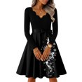 thumbnail image 1 of Women's Casual Fashion V-Neck Long Sleeved Retro Christmas Print Retro Dress, Holiday Print, Audrey Style, Party Wear, Casual Dress, Festive,Black,2XL, 1 of 7