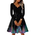 thumbnail image 1 of Women's Casual Fashion V-Neck Long Sleeved Retro Christmas Print Retro Dress, Holiday Print, Audrey Style, Party Wear, Casual Dress, Festive,Black,XL, 1 of 7