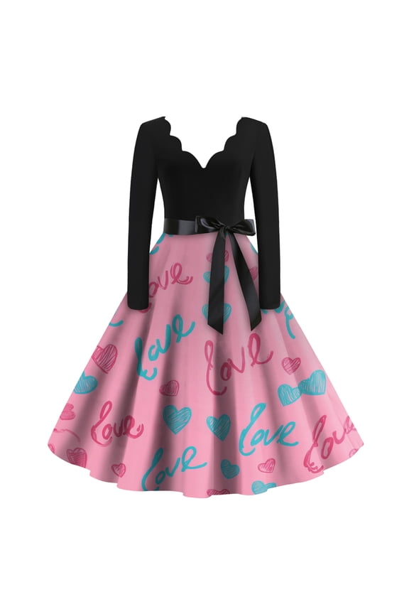 Women's Casual Fashion Valentine's Day Print V Neck Retro Long Sleeve Dress Flowy Flared Skirt Romantic Heart Pattern Comfortable Soft Fabric Versatile Daily Party