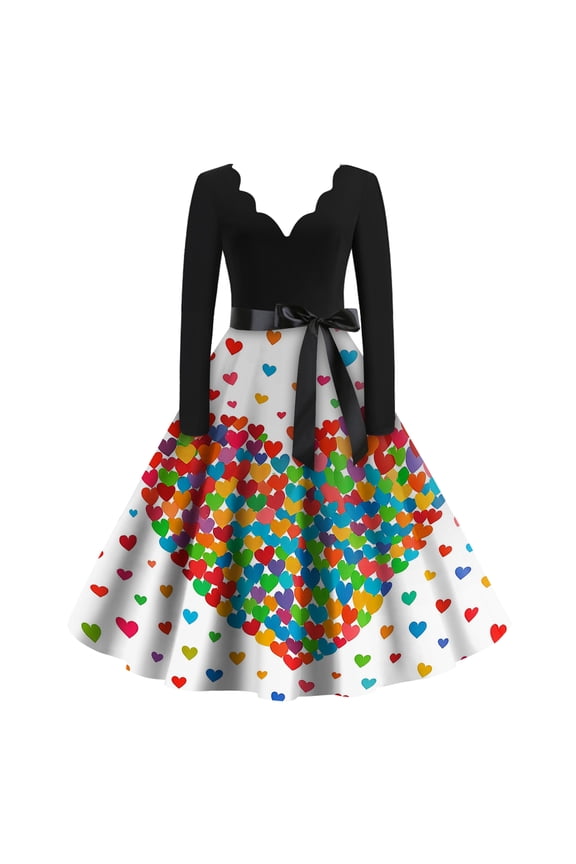 Women's Casual Fashion Valentine's Day Print V Neck Retro Long Sleeve Dress Flowy Flared Skirt Romantic Heart Pattern Comfortable Soft Fabric Versatile Daily Party