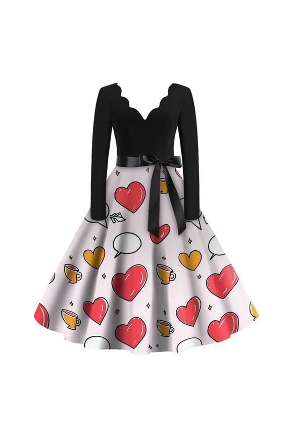 Women's Casual Fashion Valentine's Day Print V Neck Retro Long Sleeve Dress Flowy Flared Skirt Romantic Heart Pattern Comfortable Soft Fabric Versatile Daily Party