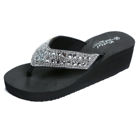 Women's Casual Fashion Wedge Sandals, Slip-On, Round Toe, Black, US Size 7.5