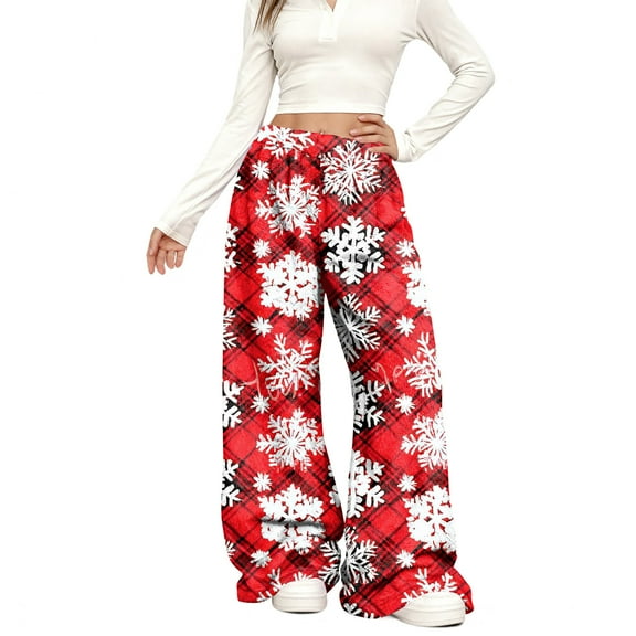 Women's Casual Fashion Wide-Leg Pants with Christmas Print - Elastic Waist, Loose & Fleece-Lined, Dark Red, Size S