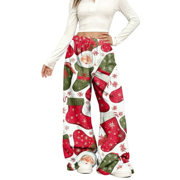 Women's Casual Fashion Wide-Leg Pants with Christmas Print - Elastic Waist, Loose & Fleece-Lined, Vermilion, Size S