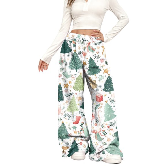 Women's Casual Fashion Wide-Leg Pants with Christmas Print - Elastic Waist, Loose & Fleece-Lined, White, Size S