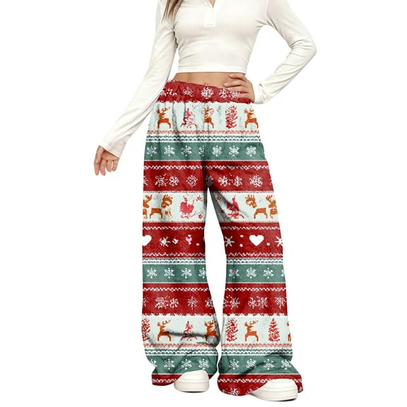 Women's Casual Fashion Wide-Leg Pants with Christmas Print - Elastic Waist, Loose & Plush-Lined, Sky Blue, Size S